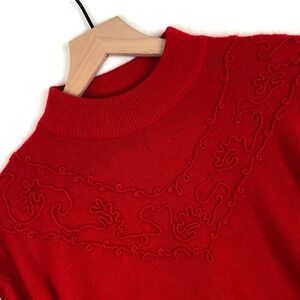 VTG Bonwit Teller ITALY Mock Neck Wool Angora Blend Embroidered Sweater Sz S Red